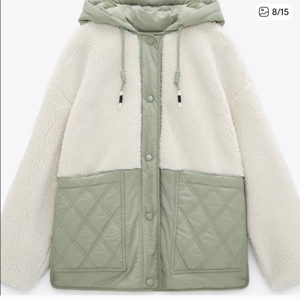 Zara Quilted Fleece Jacket in Green and Cream